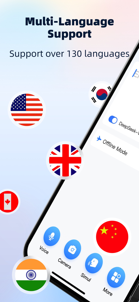 Voice Translate & Translator - 음성 번역 앱 인터페이스가 전 세계 국기 아이콘으로 130개 이상의 언어를 지원하는 것을 보여줍니다.