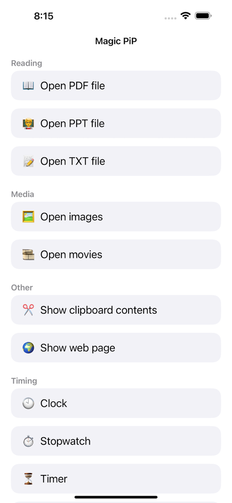 Magic PiP - Tela principal do aplicativo Magic PiP mostrando opções de multitarefa para abrir ferramentas de mídia PDF PPT e de temporização