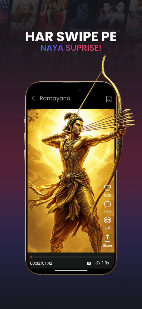 DashReels app interface displaying a vertical short movie scene from the Ramayana series.