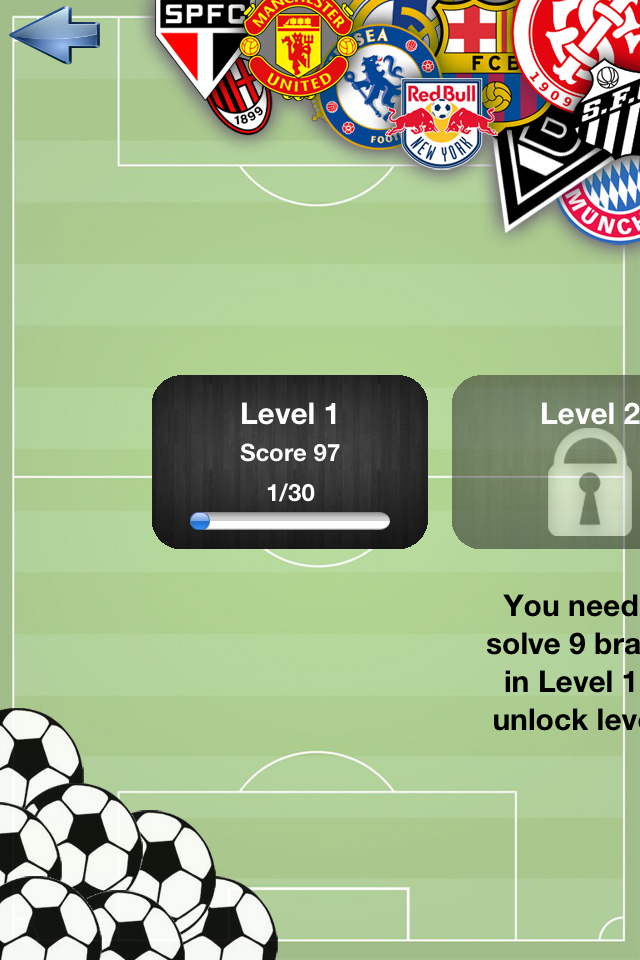 Level selection screen in the Logo Quiz Soccer app showing unlocked Level 1 and locked Level 2 with various club crests.