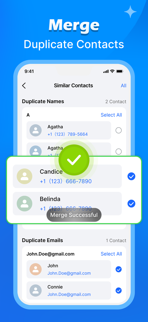 Smartphone screen displaying the merge duplicate contacts feature with a success notification