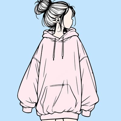 realistic girl with a oversized sweatshirt on and a bun