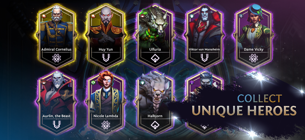 Heroes of the Dark: Squad RPG - Galería de personajes que muestra varios héroes únicos de las facciones vampiro, hombre lobo y humano en Heroes of the Dark Squad RPG