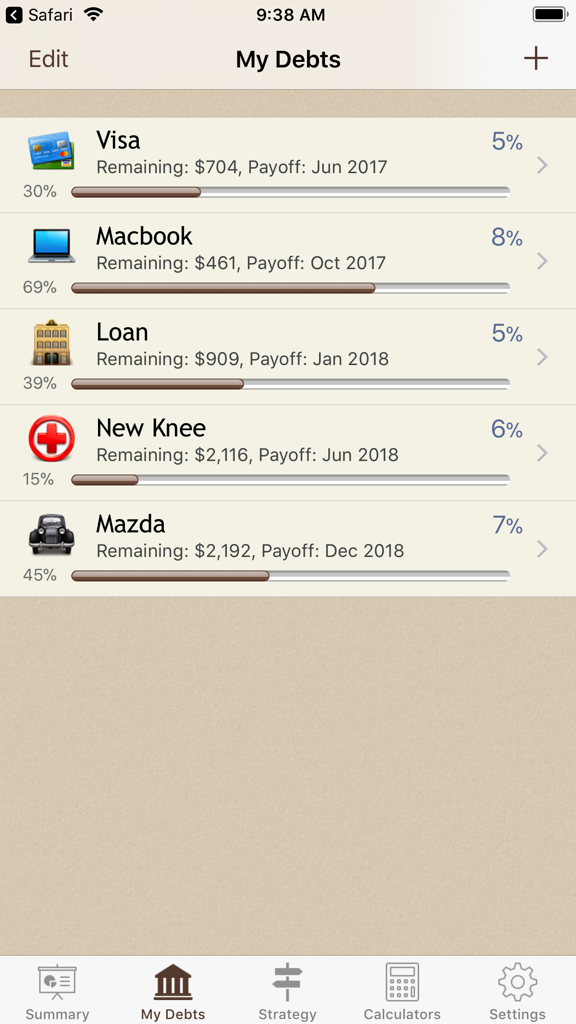 Debt Manager - Debt Manager app screen showing a list of tracked debts with payoff progress bars and interest rates