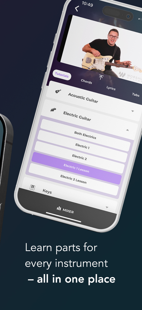 Worship Online - Interface of the Worship Online app showing a guitar tutorial video and instrument lesson sections.