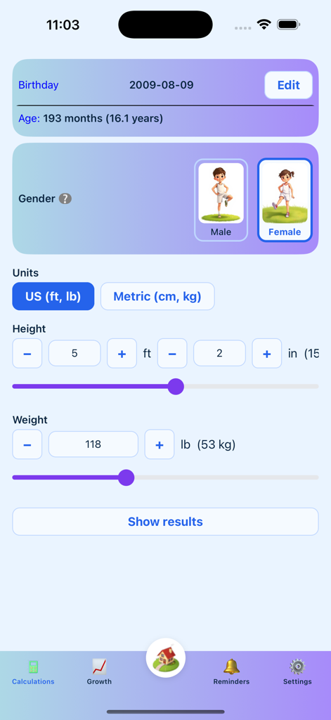 GH Tracker - Growth hormone tracker app screen for entering child health metrics