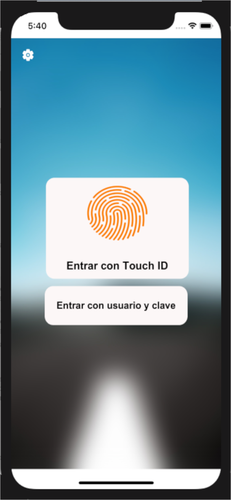 Pantalla de inicio de sesión de la aplicación AeolCloud con opciones para entrar usando Touch ID o nombre de usuario y contraseña.
