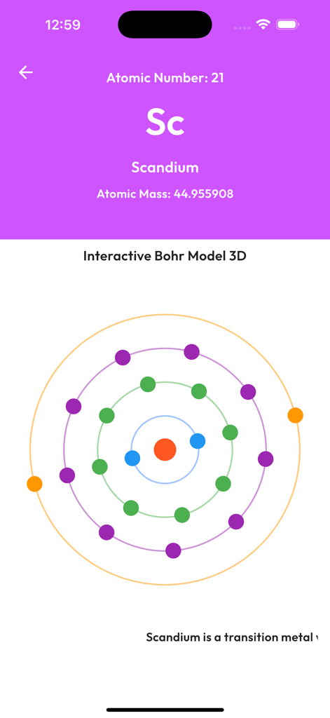 Perodic Table - Modèle de Bohr interactif en 3D d'un atome de Scandium montrant les couches d'électrons dans l'application Tableau Périodique