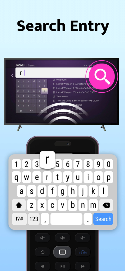 iPhone keyboard used to search for movies on a Roku TV using the universal remote app