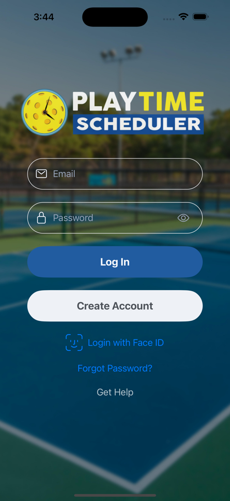 Login screen for the PlayTime Scheduler app featuring large email and password input fields and a Face ID login option