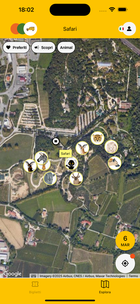 Mappa interattiva del safari dell'app Natura Viva con icone di animali