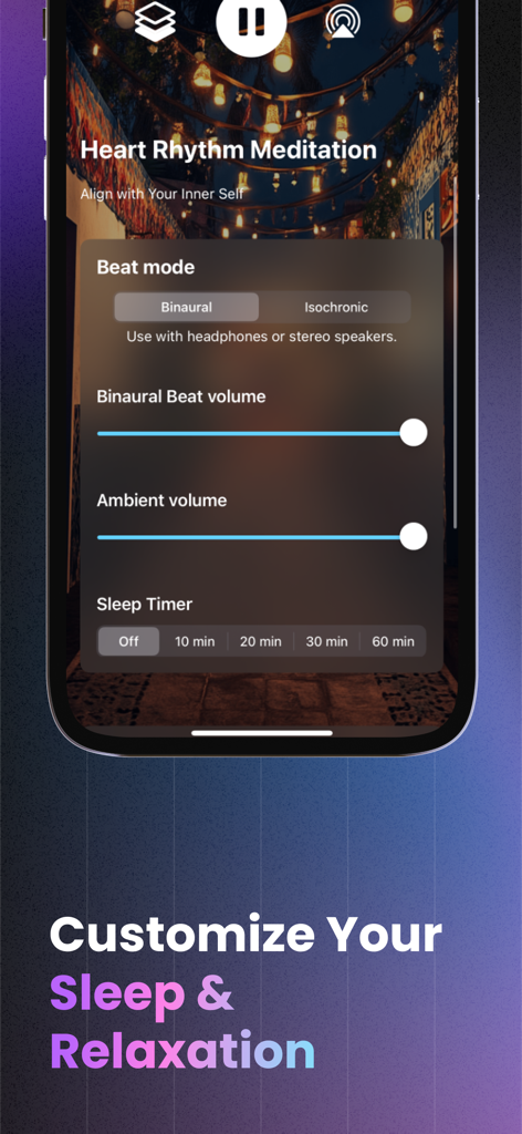 ZenWave · Sounds & BrainWaves - ZenWave app interface with binaural beat and ambient sound volume controls