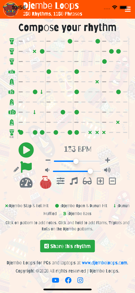 Djembe Loops - Djembe Loops app sequencer interface for composing West African drum rhythms