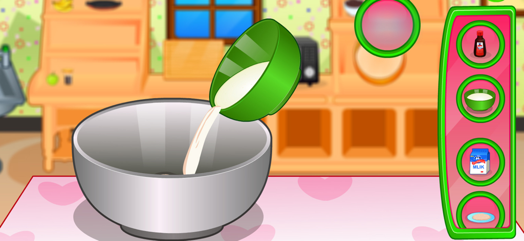 Cooking strawberry short cake - Pouring milk into a mixing bowl in a kids kitchen cooking game.