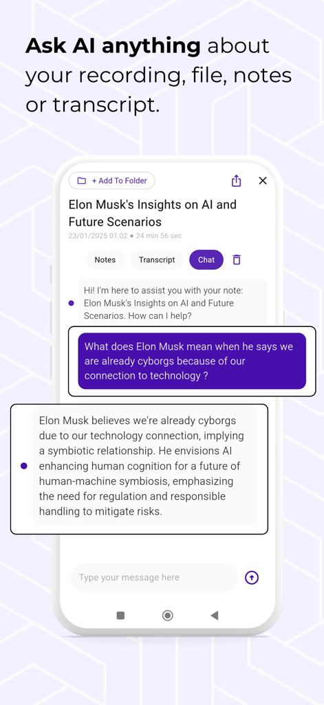 Instant AI Notes & Transcript - Smartphone screen showing the Ask AI feature to interact with transcripts and notes in the mobile app
