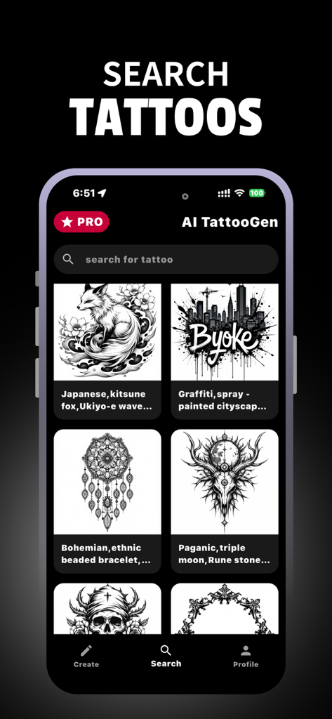 AI TattooGen - Ink Art - Interfaccia di ricerca dell'app AI TattooGen per cercare e sfogliare design di tatuaggi personalizzati in vari stili