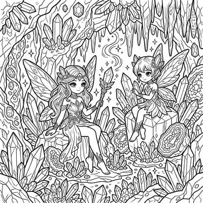 Journey into a hidden world of magic and sparkle with this enchanting crystal fairies coloring page, specially crafted to captivate teens. Immerse yourself in a detailed scene bustling with mystical creatures and countless glittering gems, ready for your artistic touch.