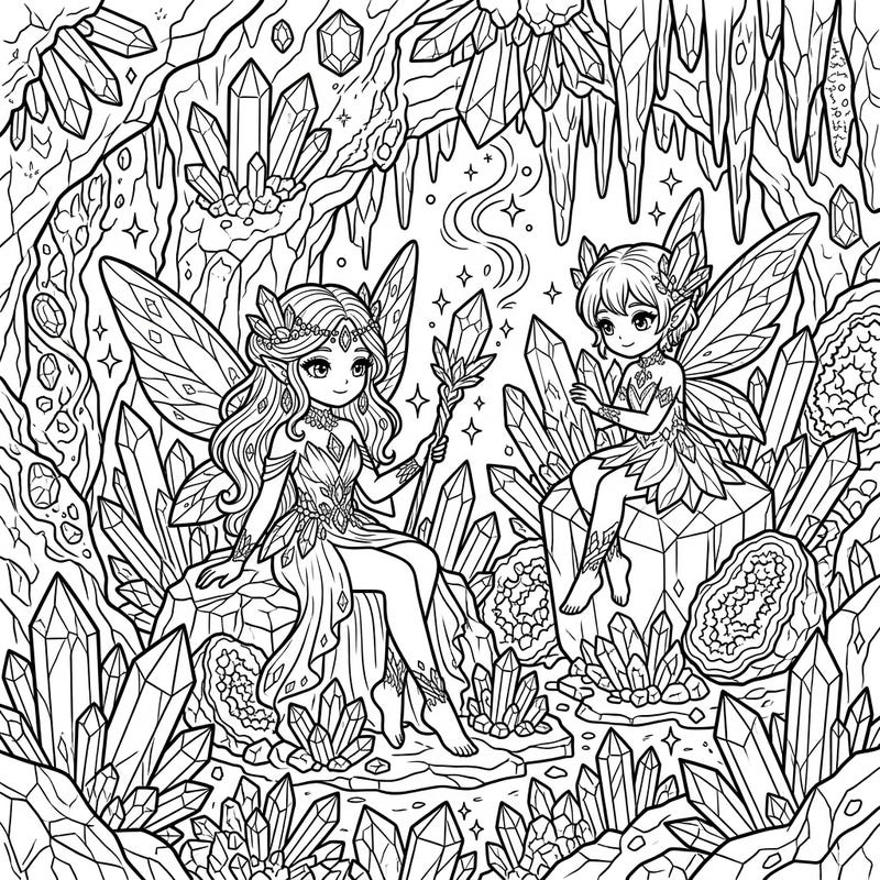 Journey into a hidden world of magic and sparkle with this enchanting crystal fairies coloring page, specially crafted to captivate teens. Immerse yourself in a detailed scene bustling with mystical creatures and countless glittering gems, ready for your artistic touch.