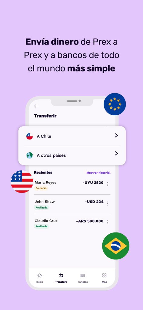Prex Chile - Cuenta Digital - Digital interface of Prex Chile showing global money transfer options and recent transactions