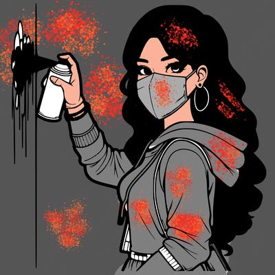 realistic girl with mask spray painting a wall