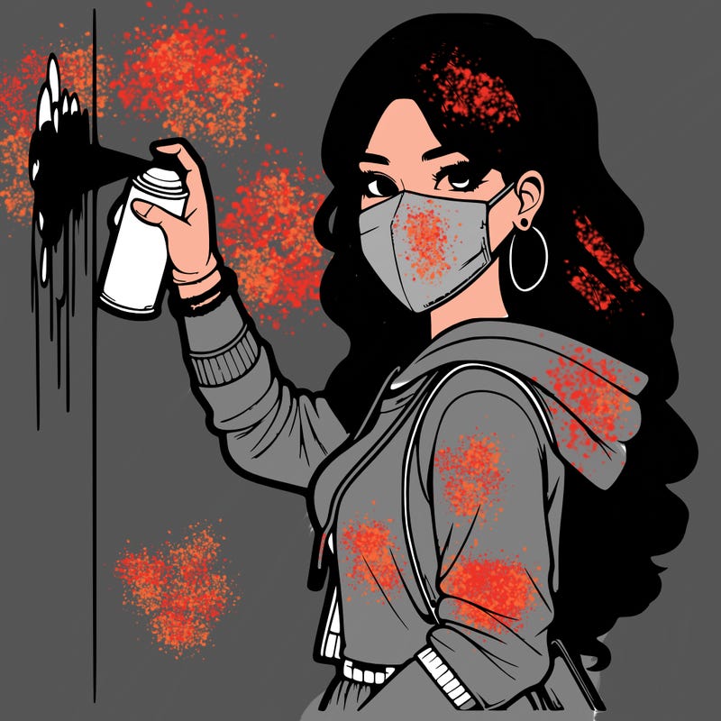 realistic girl with mask spray painting a wall