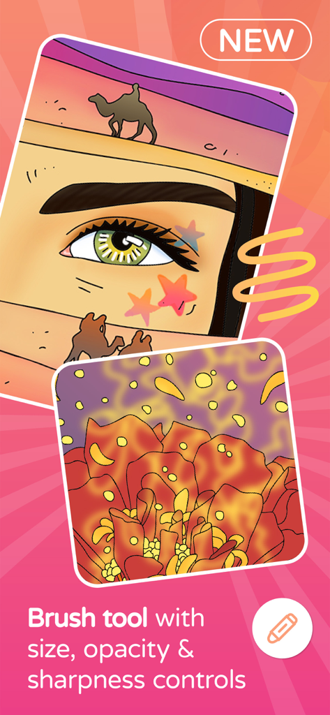 Digital coloring app showing brush tool settings for size and opacity with detailed artwork examples