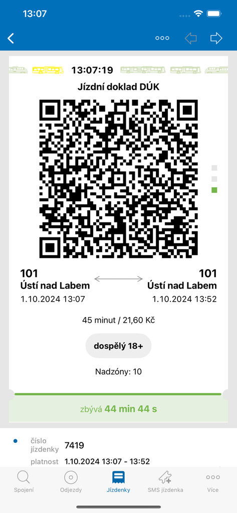 Digital public transport ticket with QR code in the IDOS mobile app