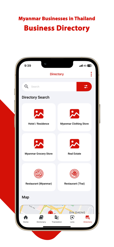 Business directory screen of Mingalar Thai app showing categories for hotels, clothing stores, grocery stores, and restaurants in Thailand