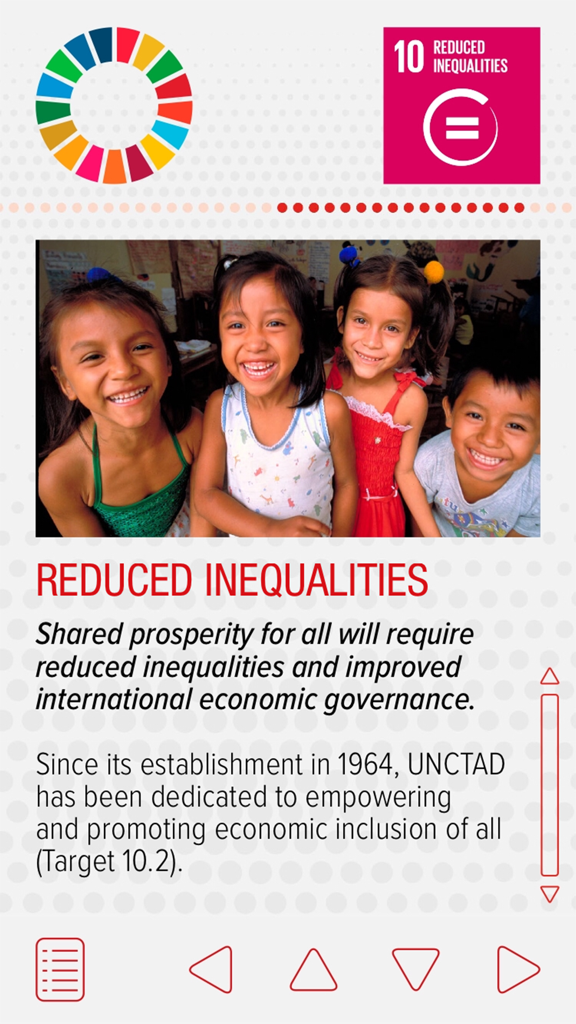 UNCTAD TOOLBOX - Screenshot of the UNCTAD Toolbox app interface detailing Sustainable Development Goal 10 for Reduced Inequalities with descriptive policy text and a photo of children.