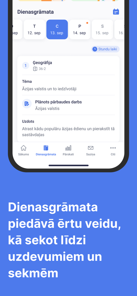 Mobile interface of the e-klase app showing a student diary with geography homework and test information.