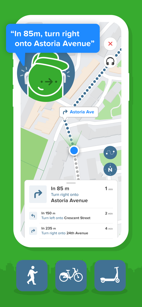 Tela do aplicativo Citymapper mostrando direções passo a passo para caminhada e ciclismo em um mapa com orientação por áudio
