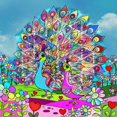 a peacock with open feathers and pea hen in a garden full of flowers and hearts