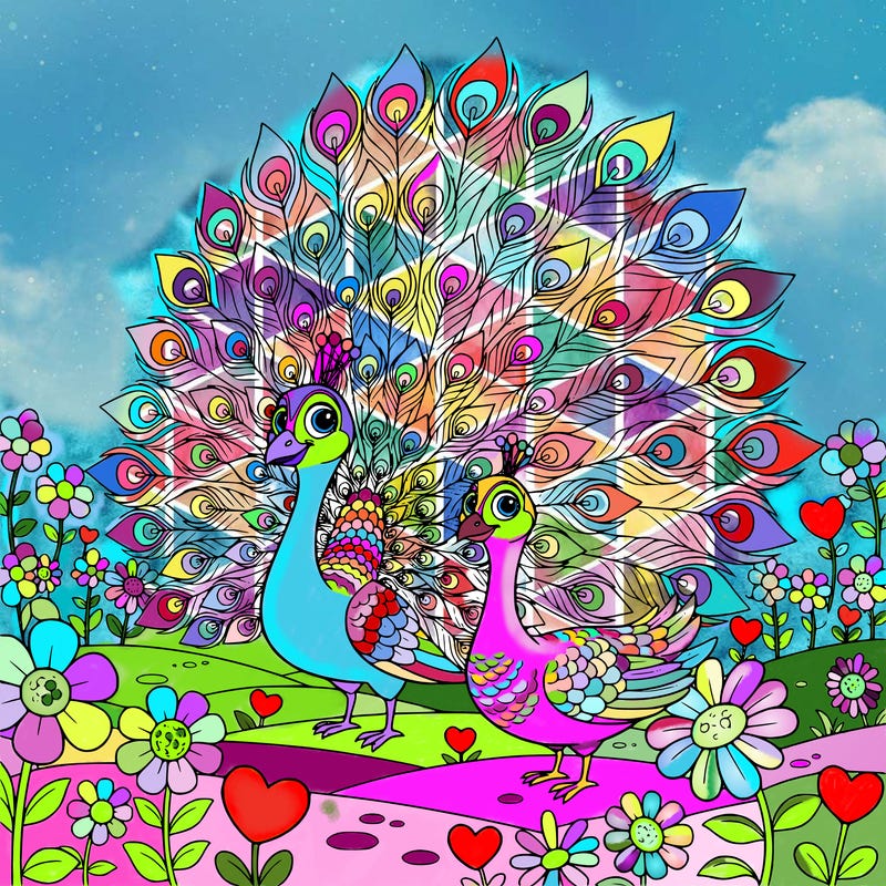 a peacock with open feathers and pea hen in a garden full of flowers and hearts