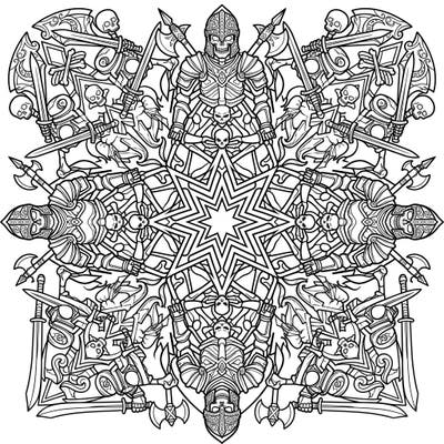 Embark on an epic coloring journey with this intricate Warrior Skeleton Mandala. Featuring armored skeletons and weapons in a symmetrical design, it offers a challenging and rewarding creative experience.