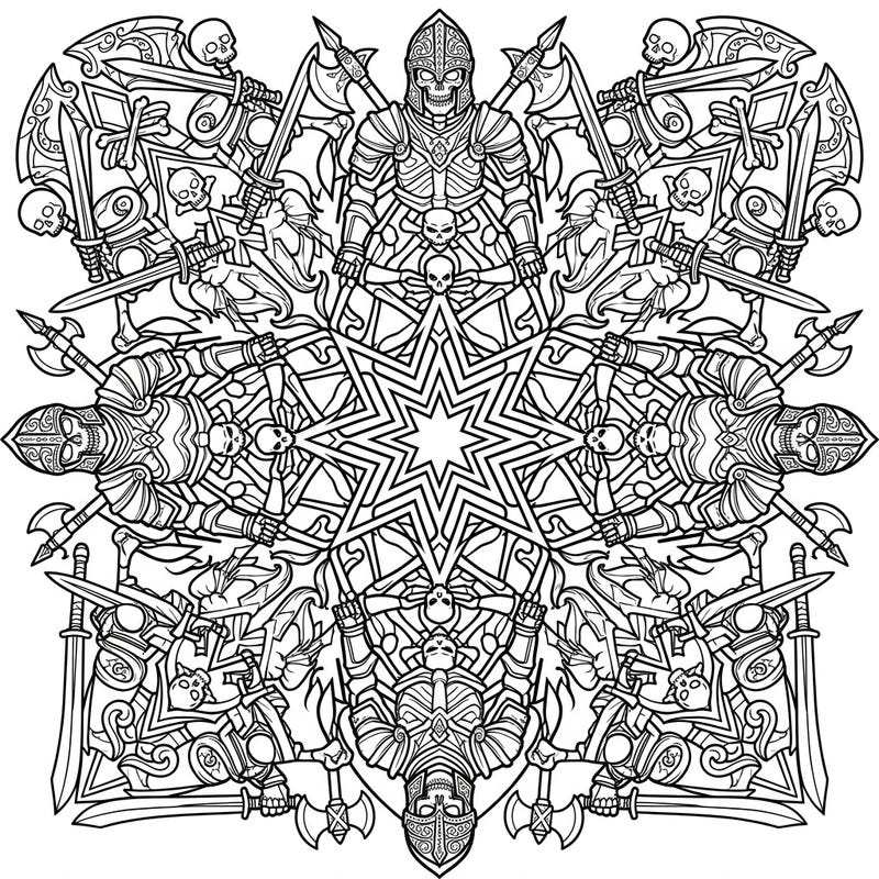Embark on an epic coloring journey with this intricate Warrior Skeleton Mandala. Featuring armored skeletons and weapons in a symmetrical design, it offers a challenging and rewarding creative experience.