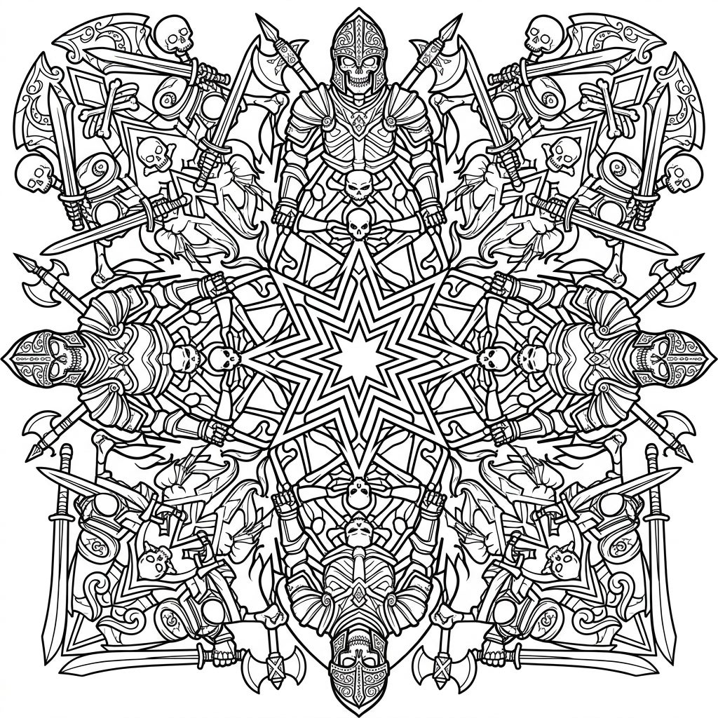 Warrior Skeleton Mandala Coloring Page | Intricate Fantasy Art