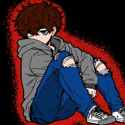 a male hoddie ripped jeans messy hair anime