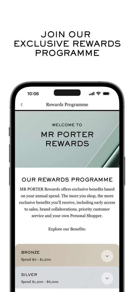 MR PORTER: Shop men’s fashion - MR PORTERモバイルアプリの報酬プログラム画面。会員ランクと限定特典を表示