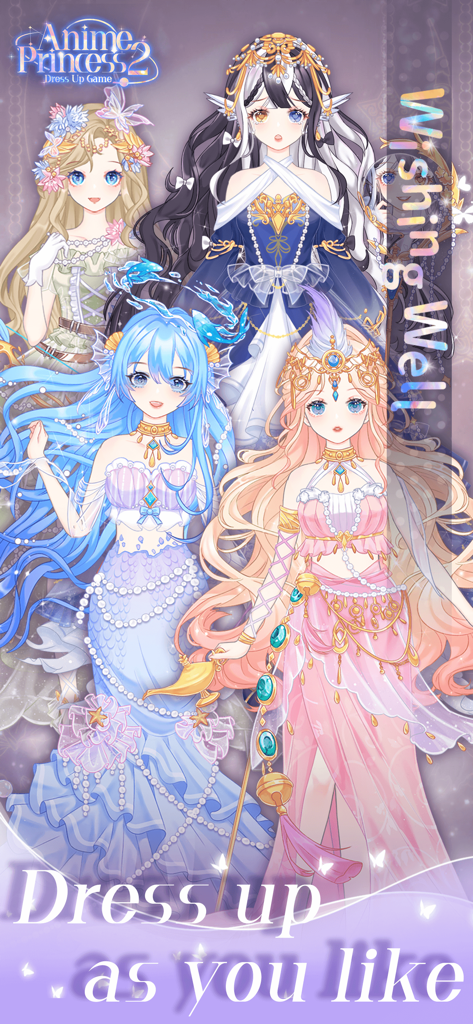 Anime Princess 2：Dress Up Game - Four colorful anime princesses showcasing different fashion outfits and styles.