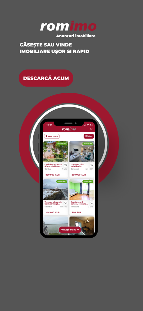 Romimo - Romimo mobile app displaying real estate listings for houses and apartments in Romania