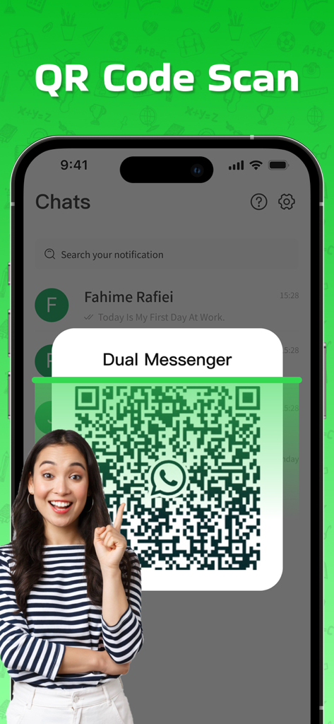 A mobile screen showing a QR code scanning feature to link dual WhatsApp accounts