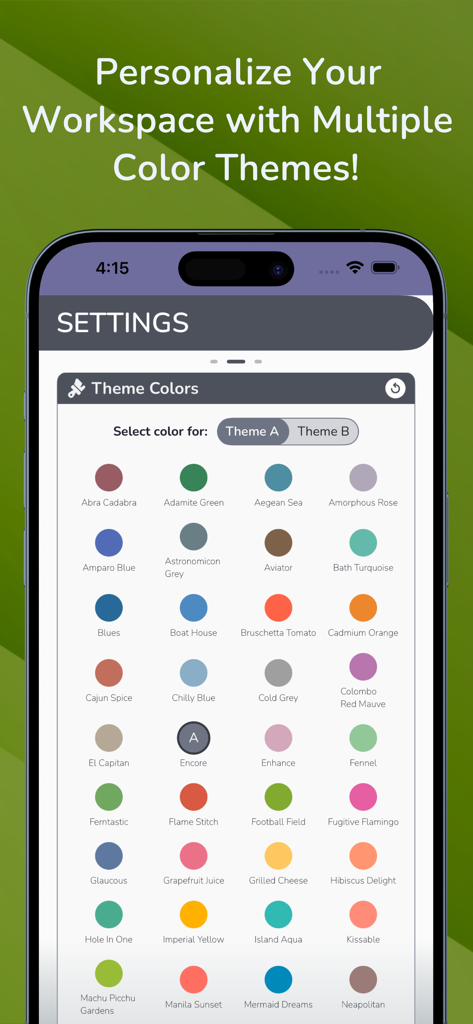 Vapour Pressures app theme selection screen with various color options