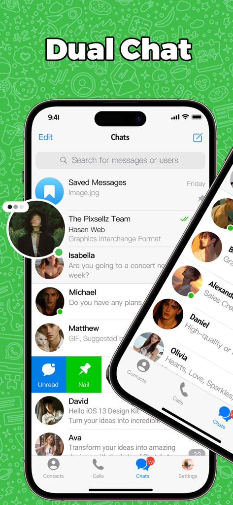 Dual Messenger & Duo Web Chat - Interface of Dual Messenger showing a list of chat conversations on an iPhone.