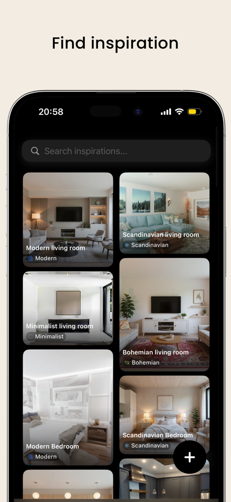 Room Planner - AI Home Design - Uma interface de smartphone mostrando a tela Encontrar Inspiração com uma grade selecionada de estilos de design de interiores, incluindo cômodos modernos, escandinavos e boêmios.