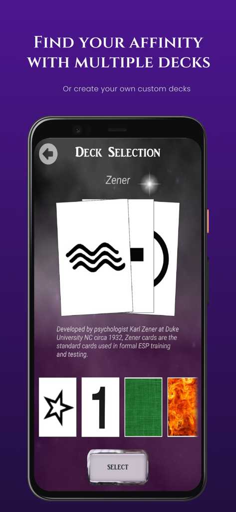Are You Psychic app screen showing the deck selection interface with traditional Zener cards and other custom deck options.