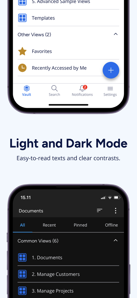 M-Files - M-Files mobile app interface displayed in both light and dark modes showing document management views