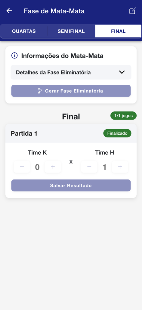 Campeonato fácil - Pantalla de entrada de resultados del partido final de la fase eliminatoria del torneo