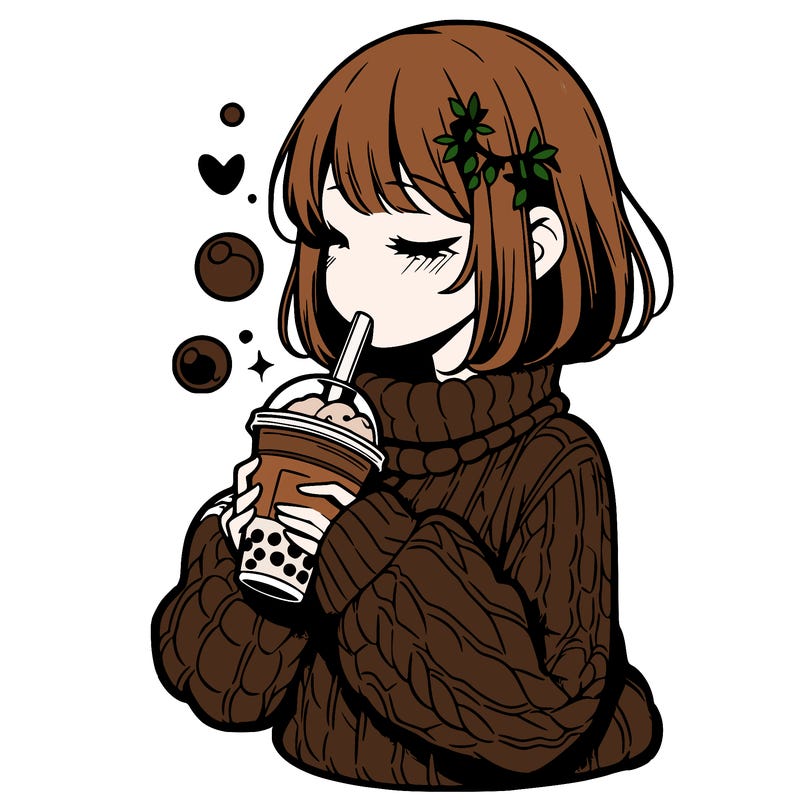 manga girl drinking boba in cozy sweater