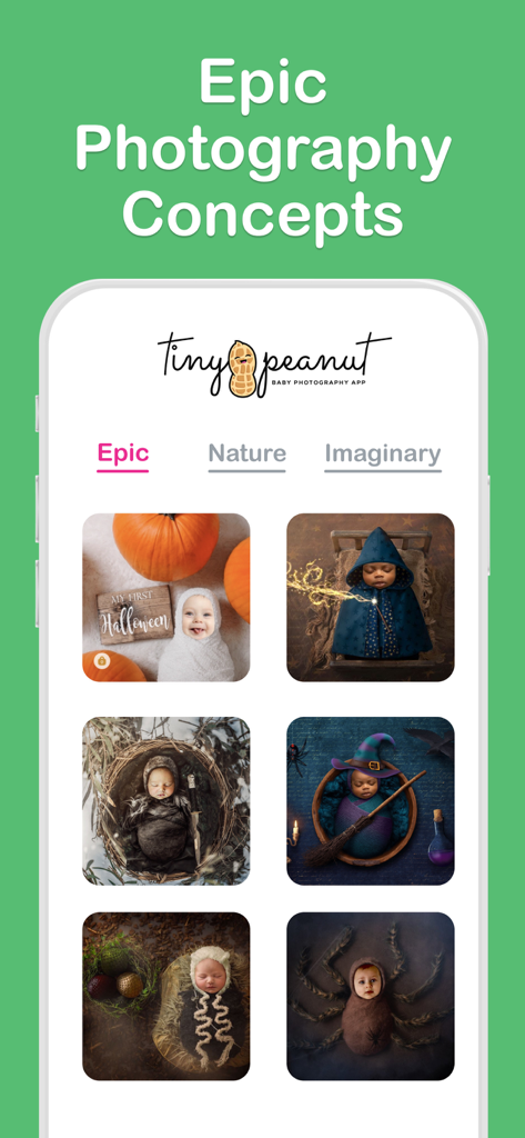 Tiny Peanut: Baby Photo Editor - Tiny Peanut app interface showing various creative and themed newborn photography concepts