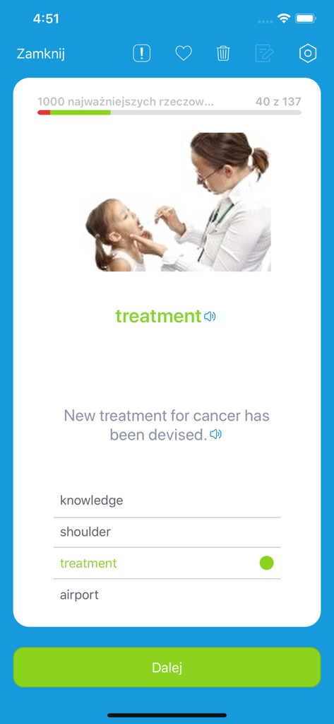 Fiszkoteka app vocabulary flashcard for learning the word treatment with an image and quiz.